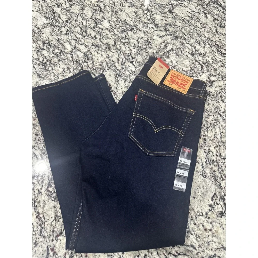 NWT Levi's 505 Regular Straight Leg Denim Jeans 36X30 Mens Dark‎ Blue Stretch